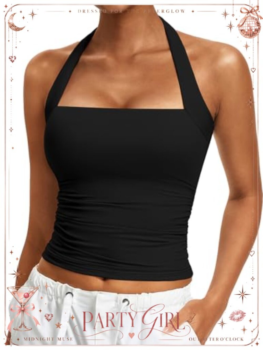 Sleeveless Square Neck Halter Tank Top Ruched Slim Fit Nylon Spandex